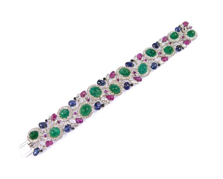 Carved emerald, ruby, sapphire and diamond tutti-frutti strap bracelet